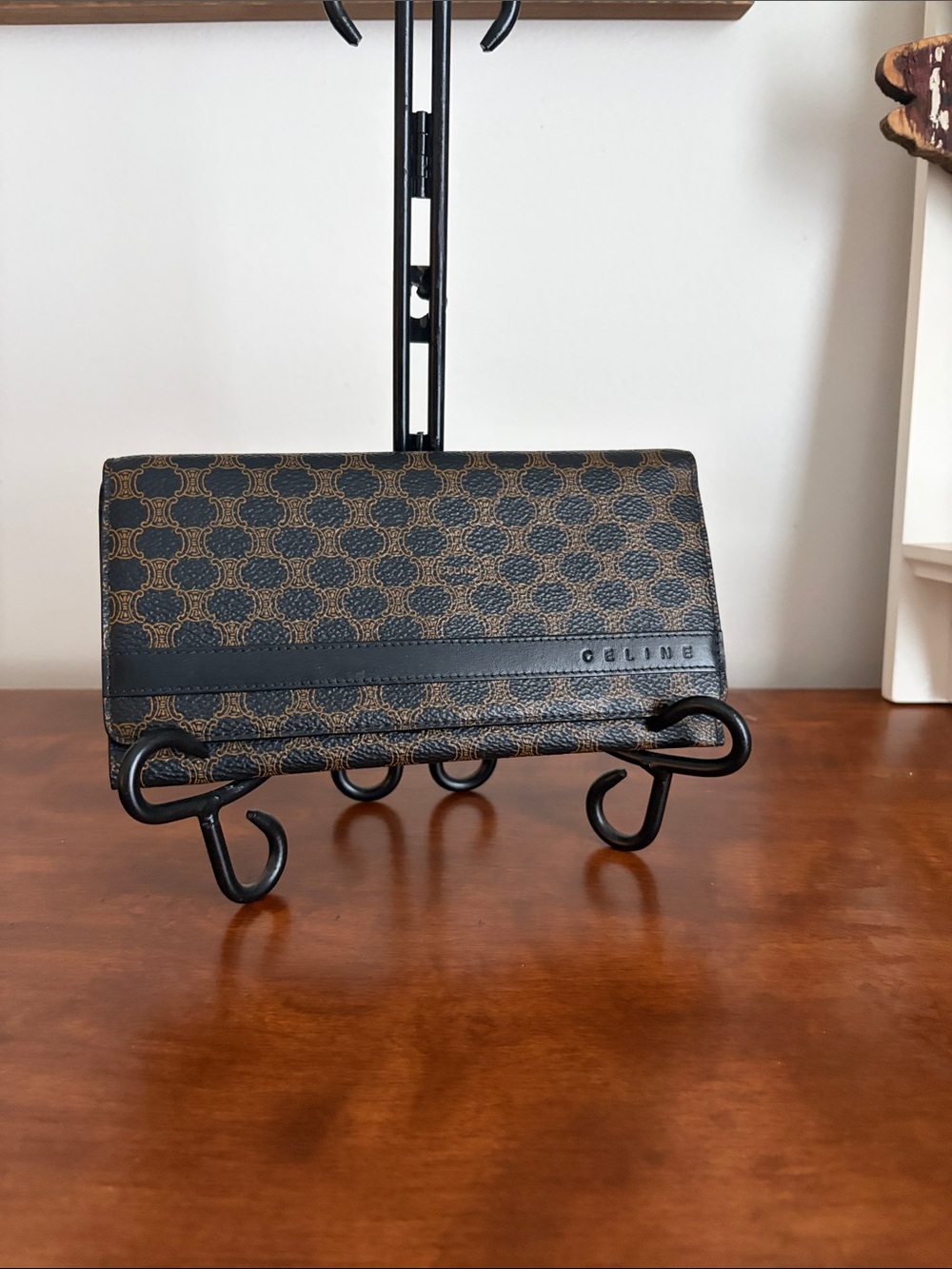 Celine Brown and Black Signature Canvas Wallet with Gold chain strap